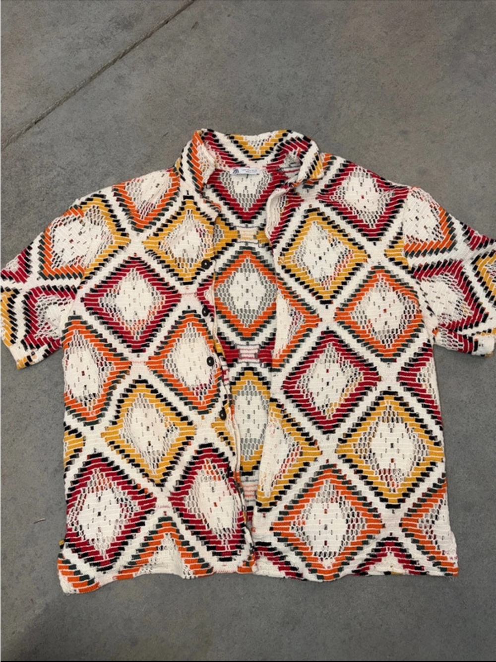 Zara White Open-Knit Button Down with Red, Orange & Yellow Geometric Print
